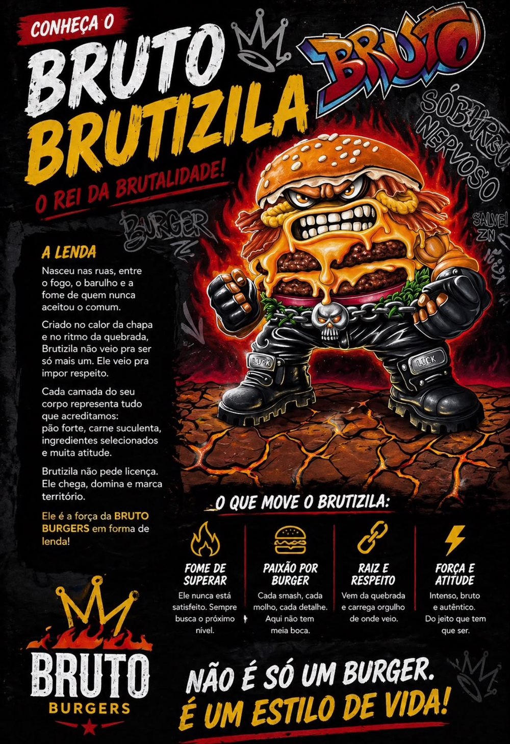 Pôster oficial do Brutizila, o Rei da Brutalidade: o burger monstro da Bruto Burguers, de luvas e botas, em pé sobre um chão de lava rachada
